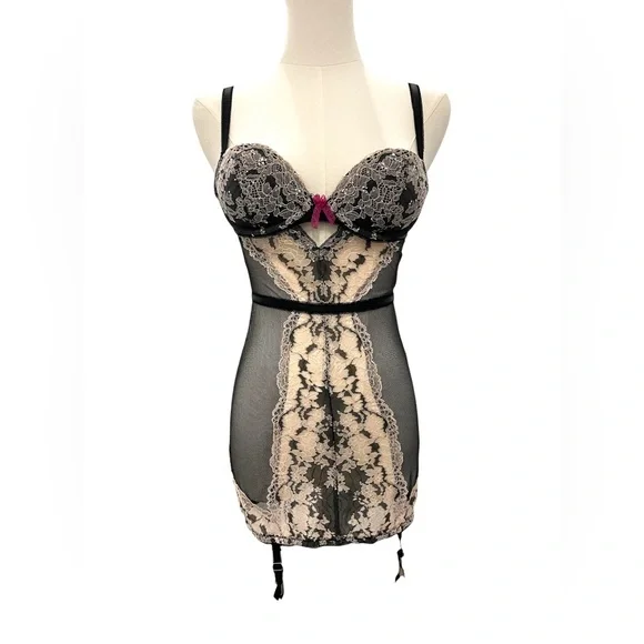 Y2K Victoria’s Secret Sexy Bustier Garter Slip Lace Mesh Lingerie Rhinestones - Picture 1 of 7